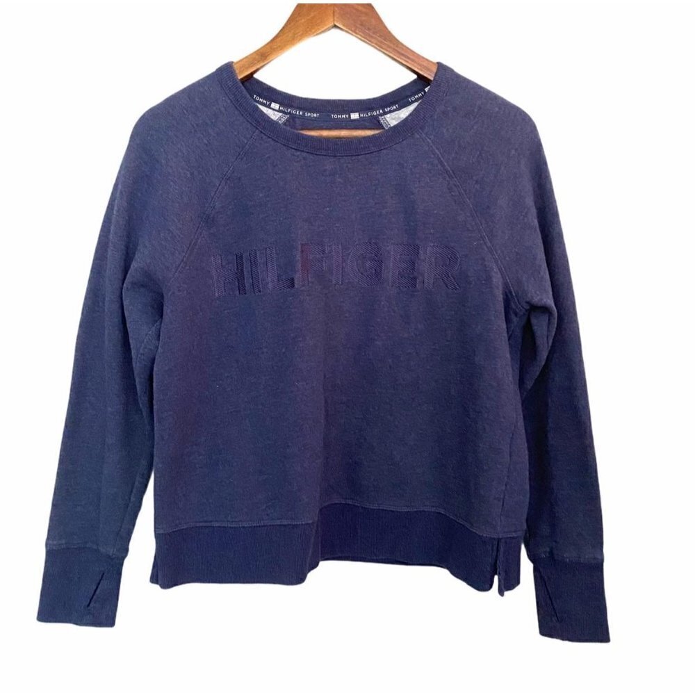 Tommy Hilfiger Womens Y2K Blue Embroidered Spellout Streetwear Sweatshirt Medium
